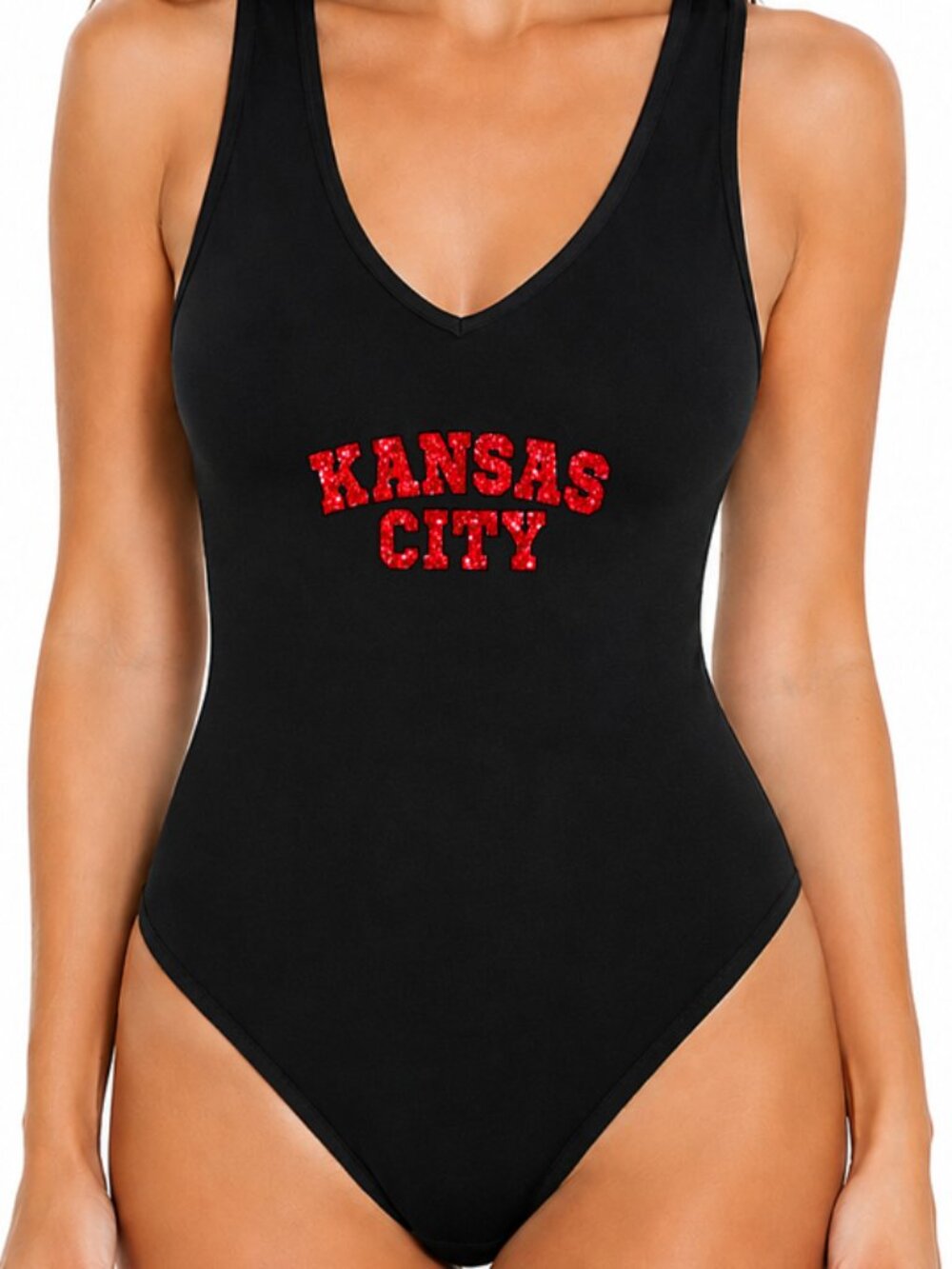 Womens Black/Red Glitter Kansas City Chiefs football Bodysuit